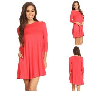Coral Jersey Knit Swing Tunic Dress with Pockets